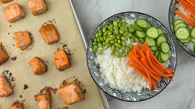 salmon with vegetables and rice