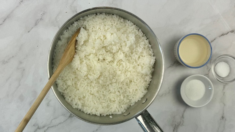 cooked rice in metal pot