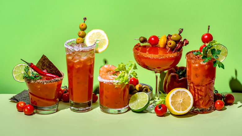 A variety of Blood Marys with different garnishes