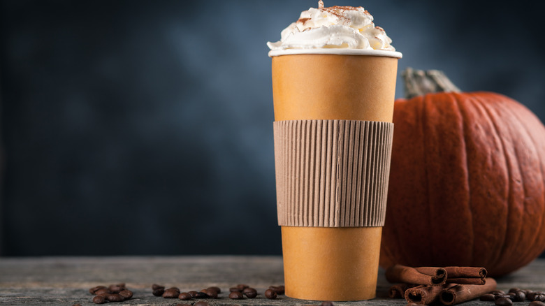 Pumpkin spice latte in takeaway cup