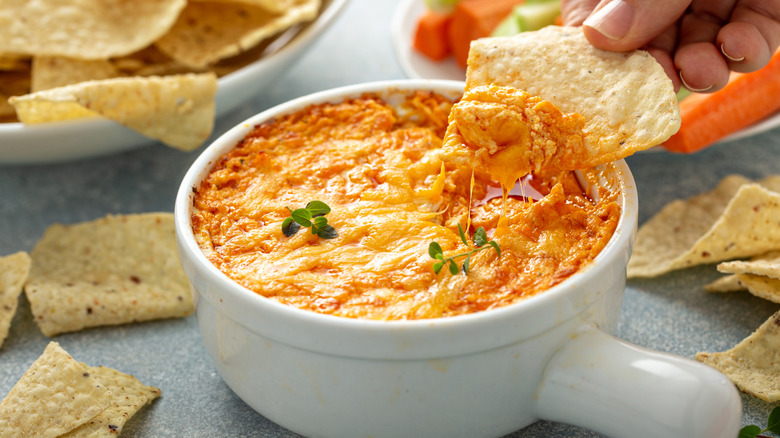 buffalo chicken dip and tortilla chip