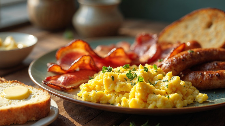 A plate of scrambled eggs with some fresh herbs sit next to slabs of bacon and sausages with some buttered toast