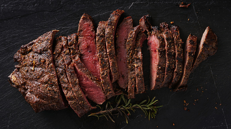 Close-up of sliced steak with spice rub