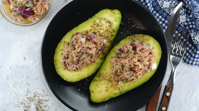 tuna salad in avocado halves