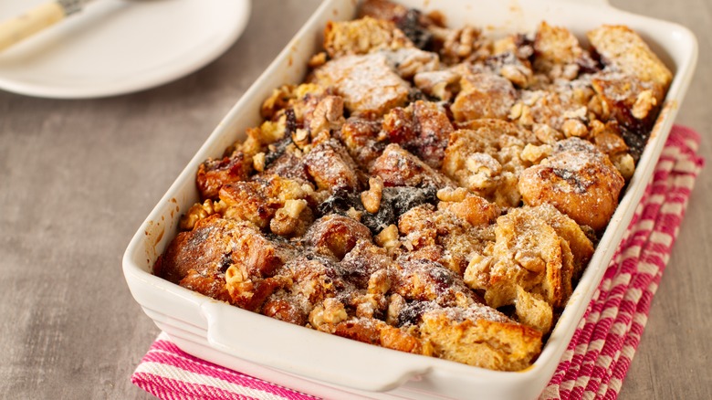 Baking dish with bread pudding