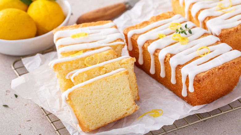 Lemon pound cake with drizzle and thyme