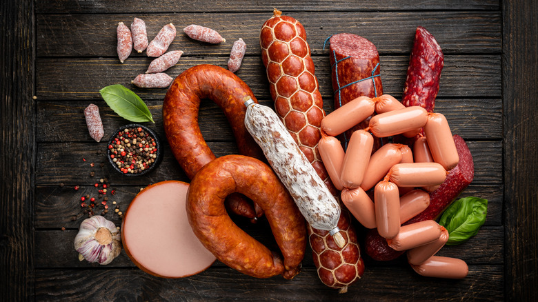 sausages with seasonings on tabletop