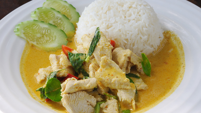 Thai style green curry with chicken over rice