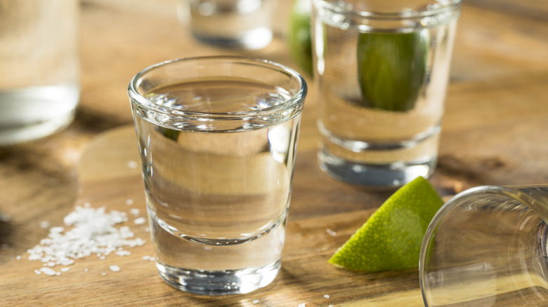 Shot glasses of tequila blanco