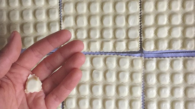 Sheets of Raviole du Dauphiné with a hand holding a single ravioli