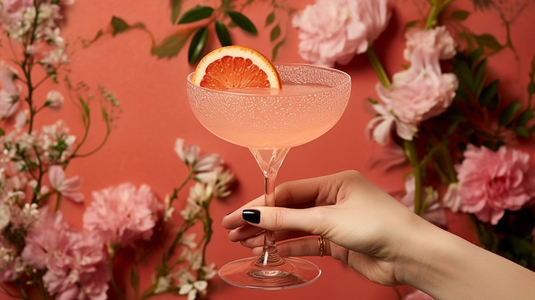 French Blonde cocktail against floral backdrop