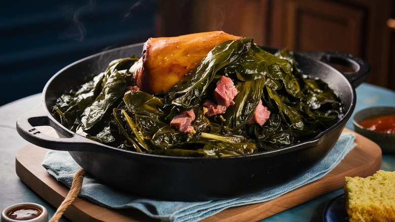 Cast-iron pan with Southern style collard greens and ham hock