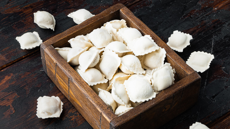 Wooden box filled with frozen ravioli