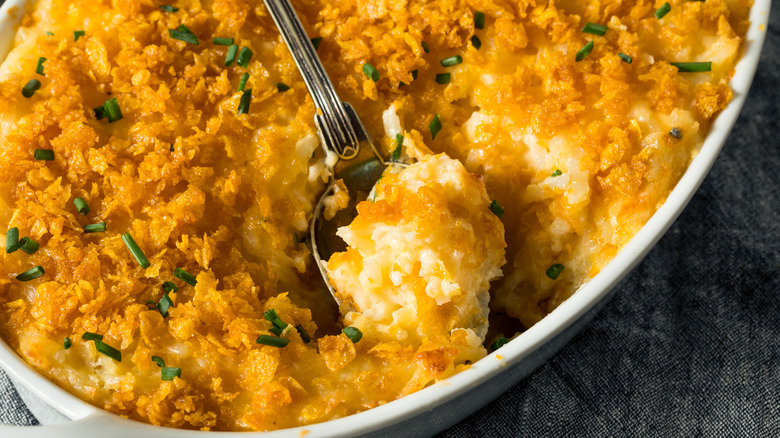 A homemade dish of funeral potatoes