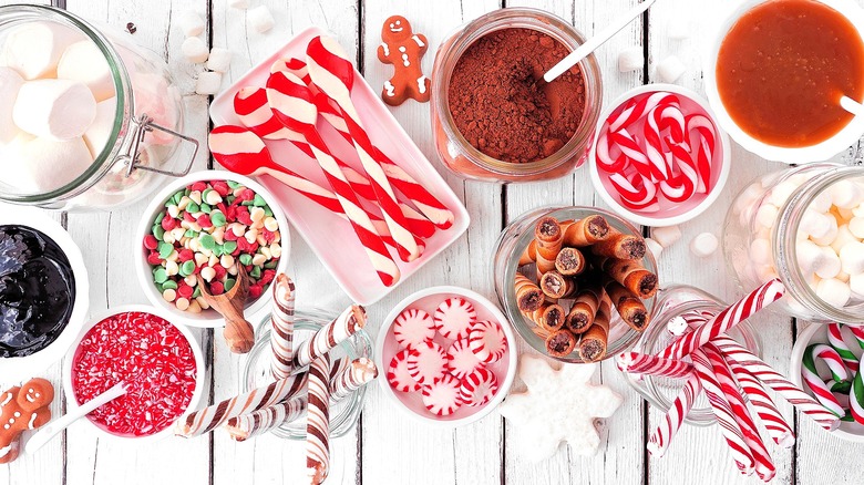 Red and green holiday toppings for hot chocolate