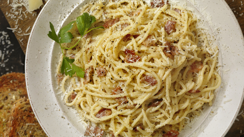 Spaghetti carbonara in dish