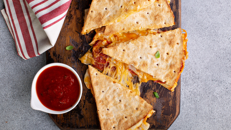 Pizza style quesadilla made with pepperoni