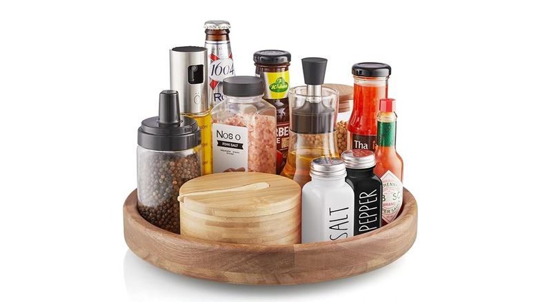 wooden lazy Susan with pantry items
