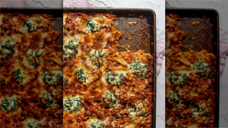 fresh baked lasagna in sheet pan
