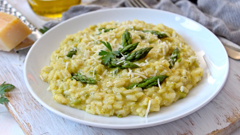 asparagus risotto on white plate