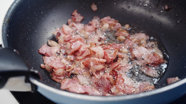 chopped bacon in a pan