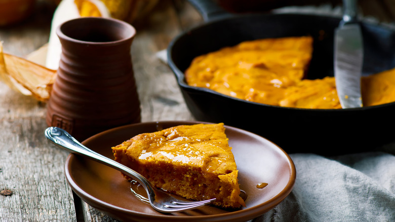 pumpkin cornbread with with maple syrup drizzle