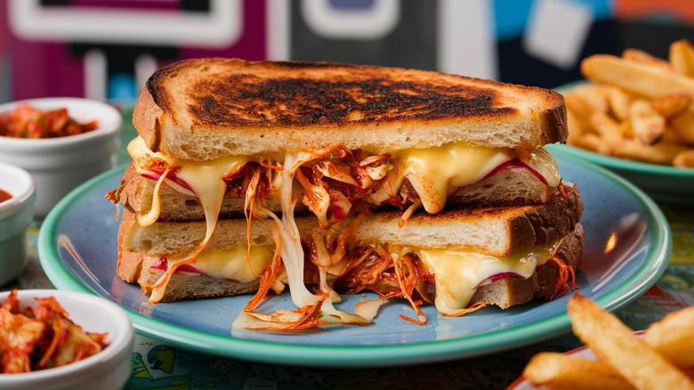 Grilled cheese with kimchi on blue plate