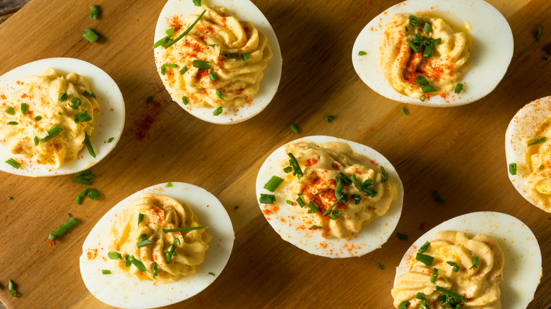 Cutting board with deviled eggs