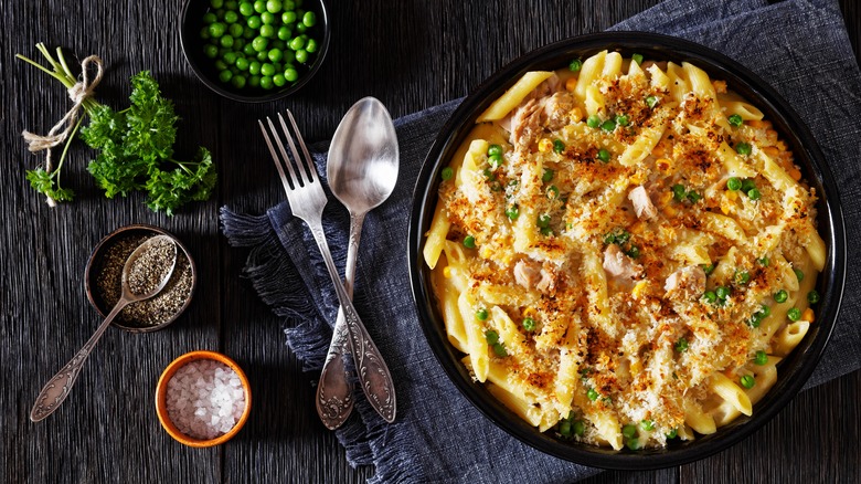 tuna casserole with spices and silverware