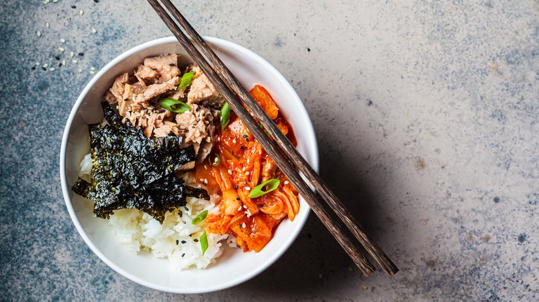 Rice bowls with tuna salad and kimchi