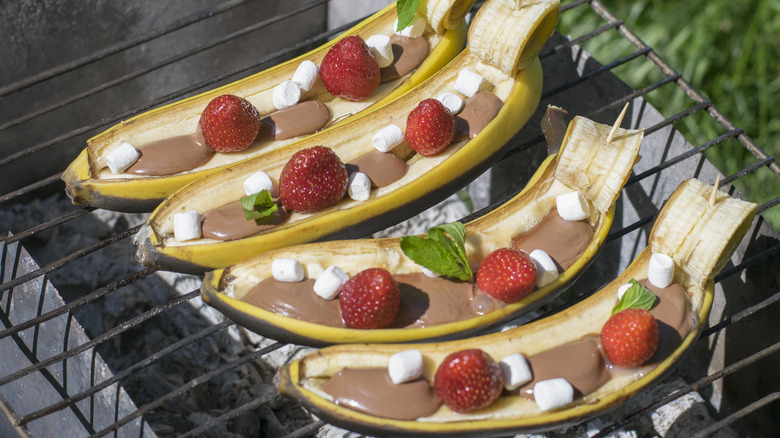 grilled bananas, chocolate, and fruit