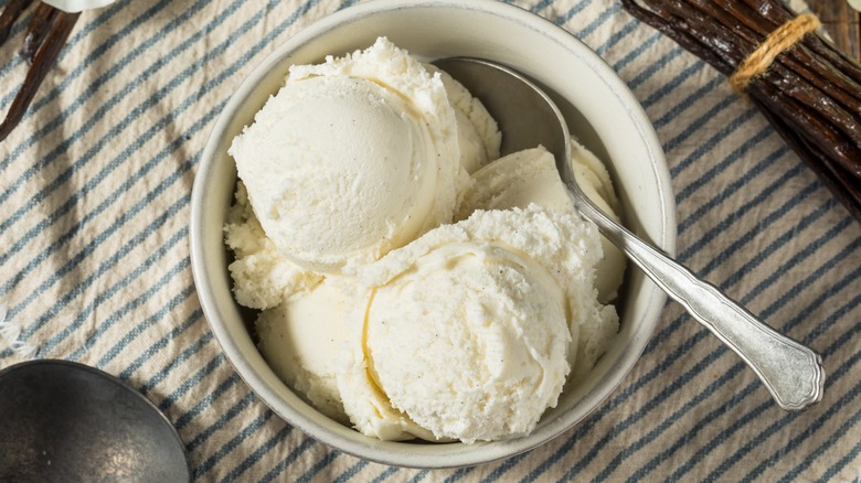 Bowl of vanilla ice cream surrounded by vanilla bean and flowers