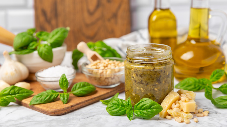 Pesto with pine nuts, olive oil, and cheese