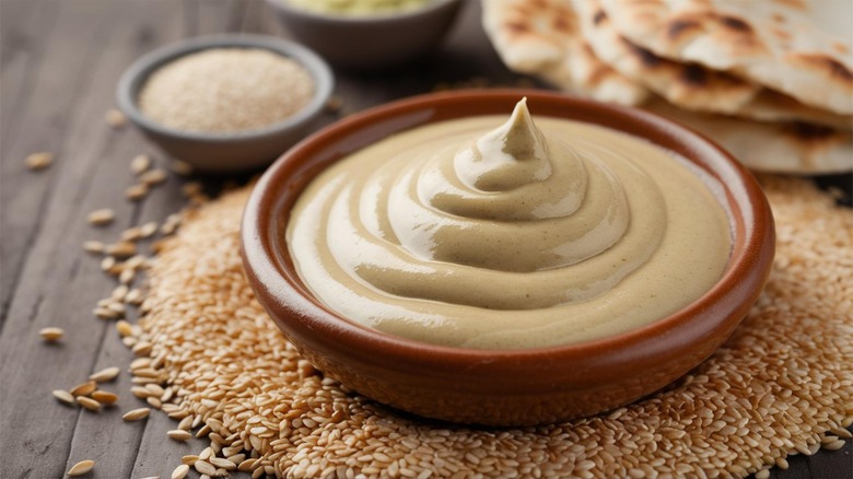 Creamy tahini sauce in a serving dish surrounded by loose sesame seeds