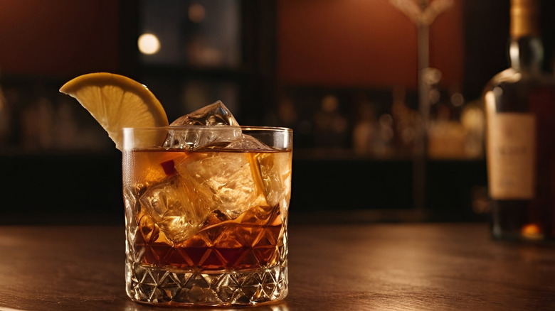 Dark brown cocktail in a rocks glass with large ice cubes and orange slice