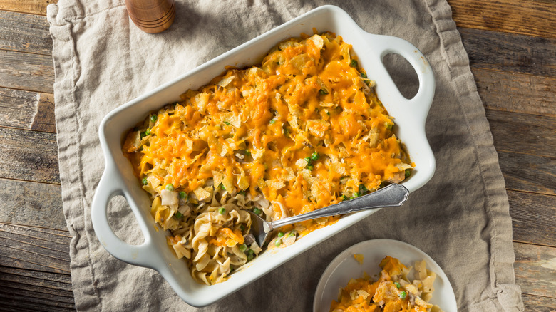 Tray of cheesy tuna noodle casserole