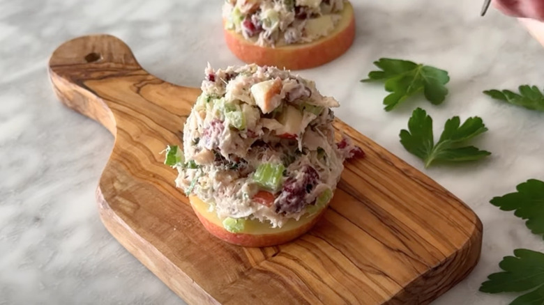 Cranberry tuna salad on apple slices