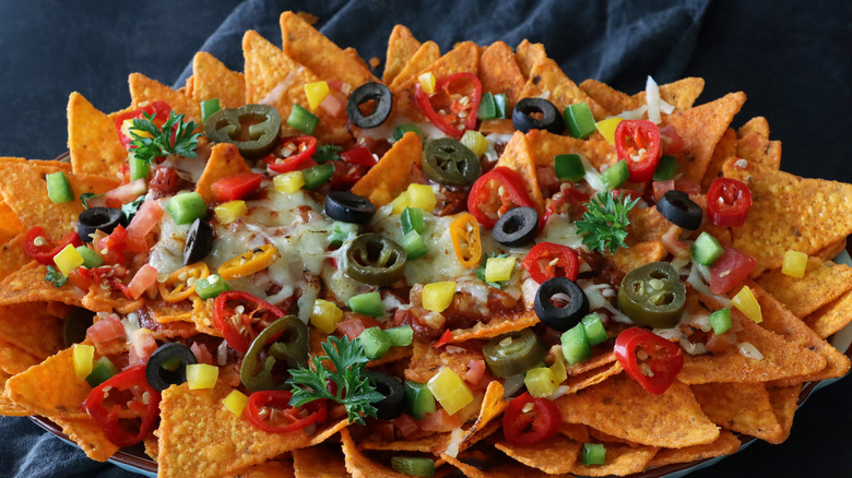 A loaded plate of nachos