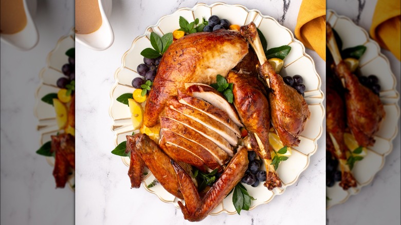 Platter of carved Thanksgiving turkey