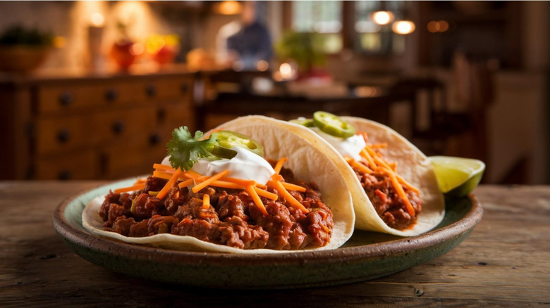 Close-up of Sloppy Joe tacos with cilantro, cheese, and sour cream on top, on a ceramic plate and wooden table. Kitchen blurred in the background.