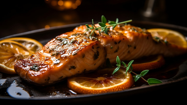 Grilled salmon on top of charred grilled lemon slices