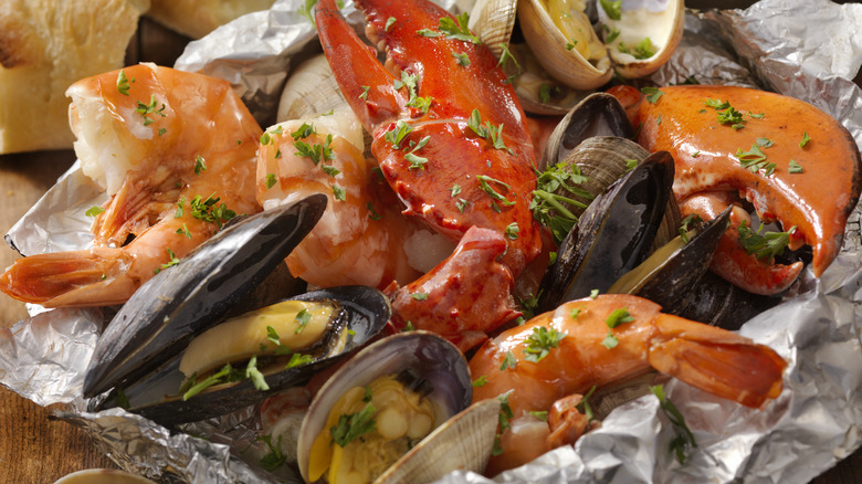 mixed seafood prepared in foil