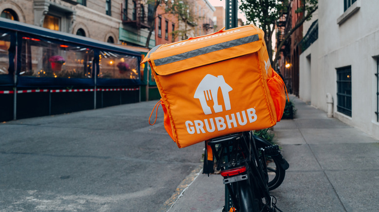 grubhub delivery bag on back of bike