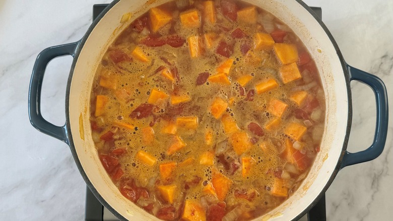 simmering stew ingredients in pot