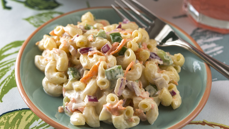 Hawaiian mac salad on a green plate