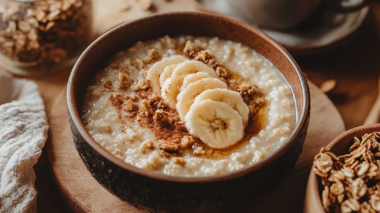 A bowl of oatmeal has bananas and cinnamon.