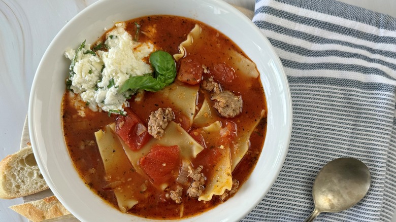 tomato soup with striped towel