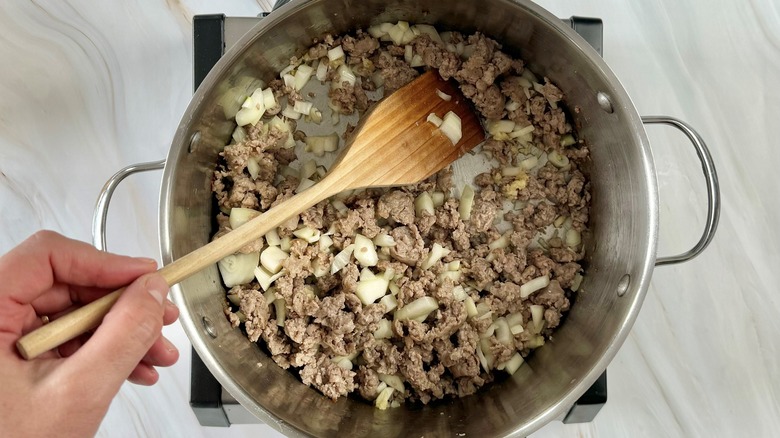 hand stirring onions and meat