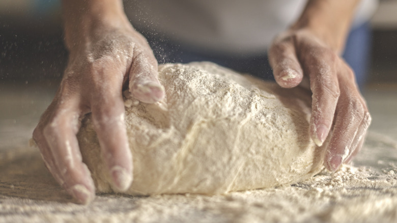 A baker kneads yeasted dough on a floured surface