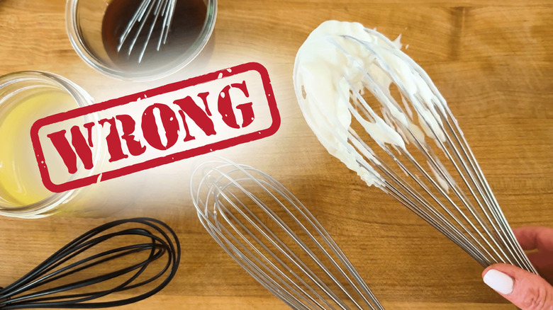 Various whisks over a wooden surface with the word wrong in red letters overlaid